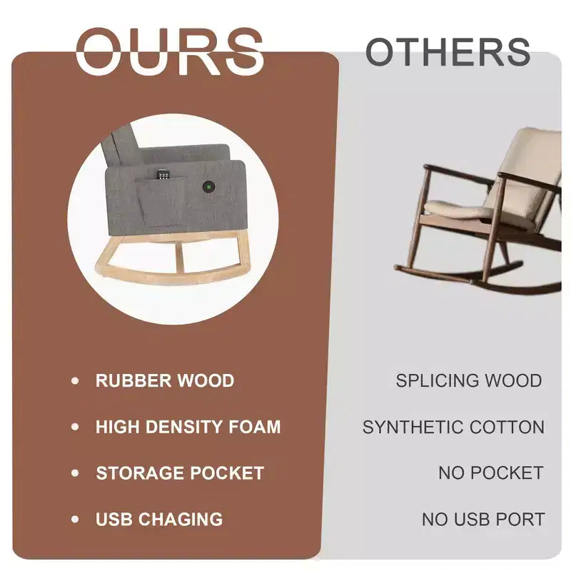 VECELO Fauteuil à bascule moderne avec port USB et poche latérale, fauteuil à bascule rembourré en similicuir pour salon et balcon