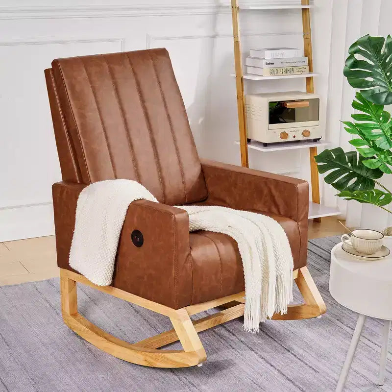 VECELO Fauteuil à bascule moderne avec port USB et poche latérale, fauteuil à bascule rembourré en similicuir pour salon et balcon