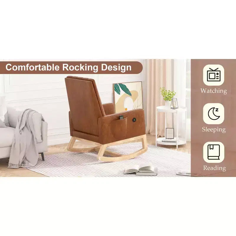 VECELO Fauteuil à bascule moderne avec port USB et poche latérale, fauteuil à bascule rembourré en similicuir pour salon et balcon