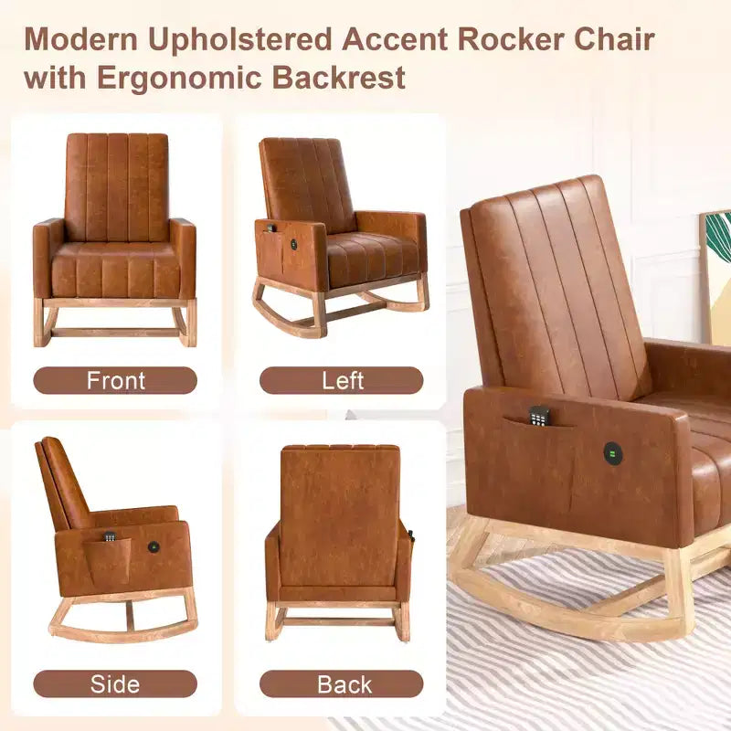 VECELO Fauteuil à bascule moderne avec port USB et poche latérale, fauteuil à bascule rembourré en similicuir pour salon et balcon