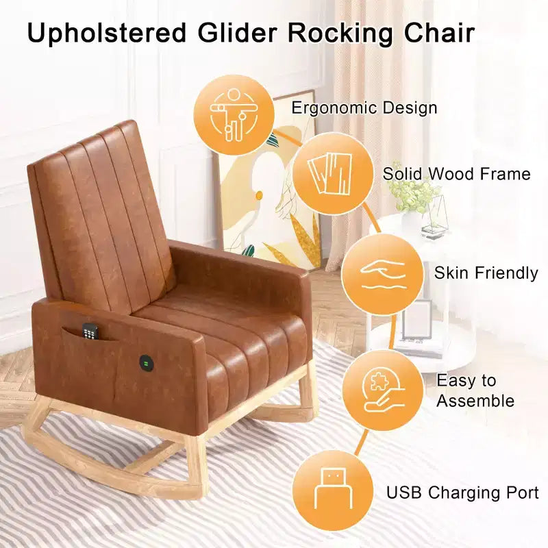 VECELO Fauteuil à bascule moderne avec port USB et poche latérale, fauteuil à bascule rembourré en similicuir pour salon et balcon