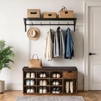 Banc de rangement, Banc d'entrée avec coussin, tiroir et compartiments ouverts, Banc avec rangement, pour salon, chambre, placard