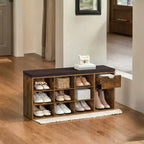 Banc de rangement, Banc d'entrée avec coussin, tiroir et compartiments ouverts, Banc avec rangement, pour salon, chambre, placard