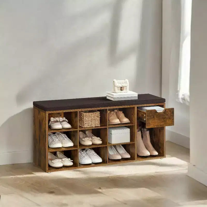 Banc de rangement, Banc d'entrée avec coussin, tiroir et compartiments ouverts, Banc avec rangement, pour salon, chambre, placard