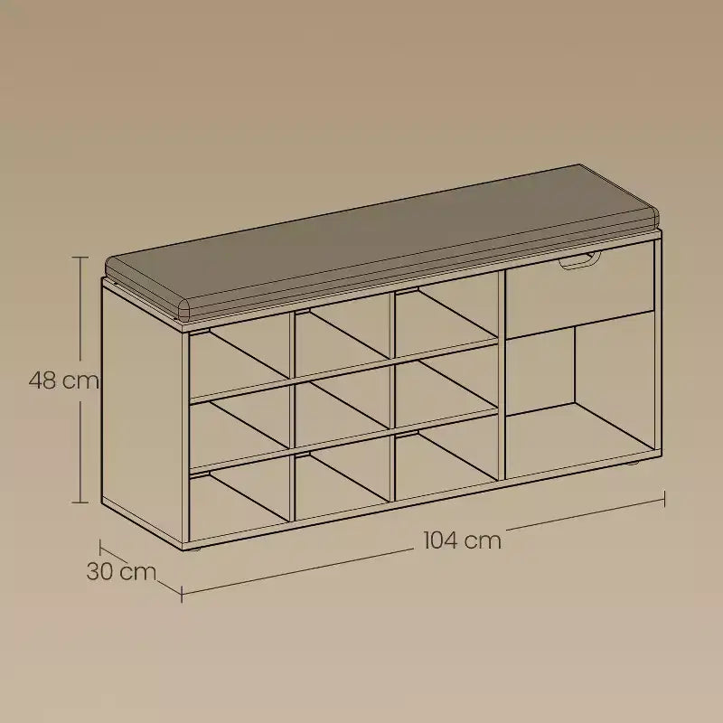 Banc de rangement, Banc d'entrée avec coussin, tiroir et compartiments ouverts, Banc avec rangement, pour salon, chambre, placard