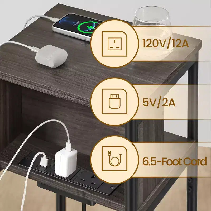 Table d'appoint avec station de recharge intégrée Table de chevet à 3 niveaux avec ports USB et prises de courant pour le salon