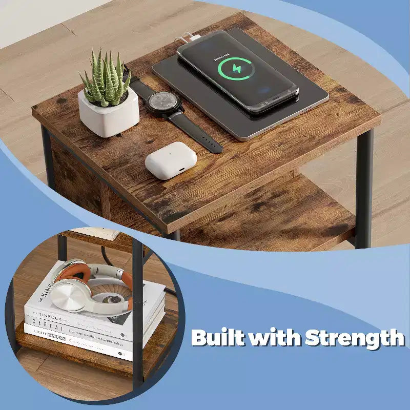 Table d'appoint avec station de recharge intégrée Table de chevet à 3 niveaux avec ports USB et prises de courant pour le salon