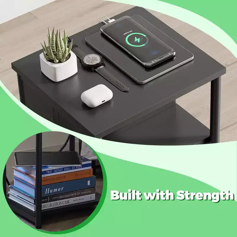 Table d'appoint avec station de recharge intégrée Table de chevet à 3 niveaux avec ports USB et prises de courant pour le salon