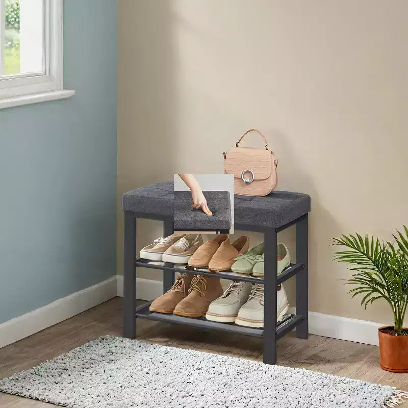 Banc à Chaussures, Banc de Rangement, Banc d'Entrée avec Coussin, Étagère à Chaussures avec Siège, Organiseur de Rangement avec Siège Rembourré en Mousse Lin