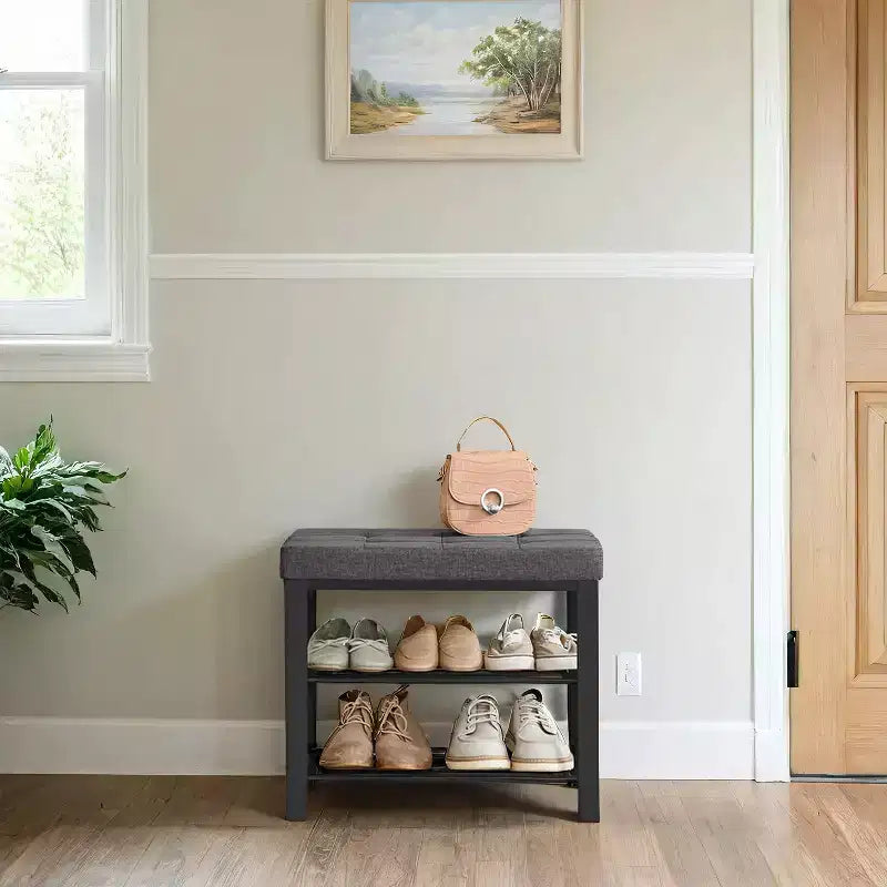 Banc à Chaussures, Banc de Rangement, Banc d'Entrée avec Coussin, Étagère à Chaussures avec Siège, Organiseur de Rangement avec Siège Rembourré en Mousse Lin