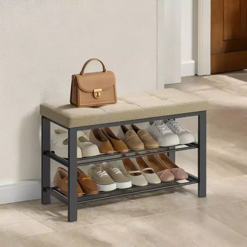 Banc à chaussures, Banc de rangement, Banc d'entrée avec coussin, Étagère à chaussures avec siège, Organisateur de rangement avec siège rembourré en mousse, Lin et cadre en métal