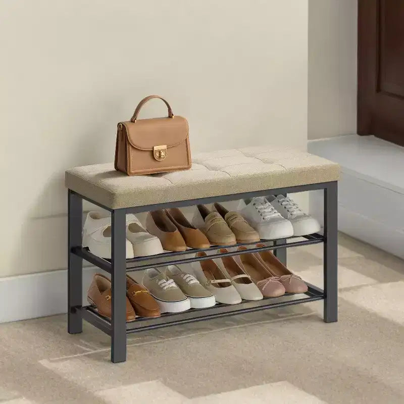 Banc à chaussures, Banc de rangement, Banc d'entrée avec coussin, Étagère à chaussures avec siège, Organisateur de rangement avec siège rembourré en mousse, Lin et cadre en métal