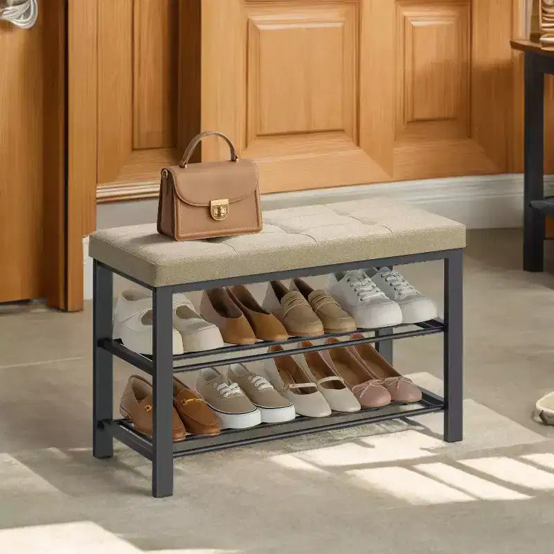 Banc à chaussures, Banc de rangement, Banc d'entrée avec coussin, Étagère à chaussures avec siège, Organisateur de rangement avec siège rembourré en mousse, Lin et cadre en métal