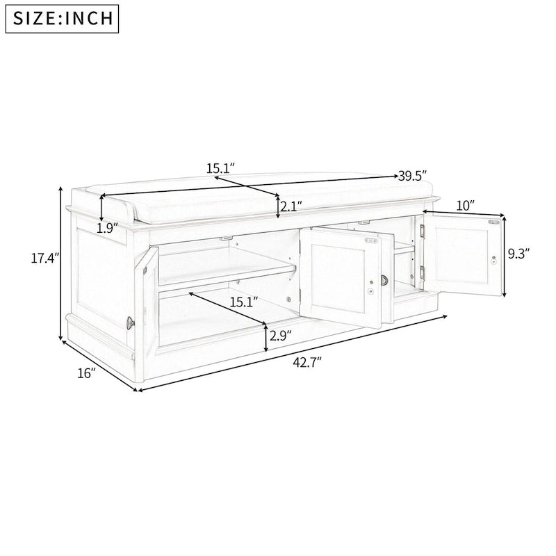 Banc de rangement 4 portes avec étagères réglables et coussin amovible – 42,7 long. x 15,9 larg. x 17,4 haut.
