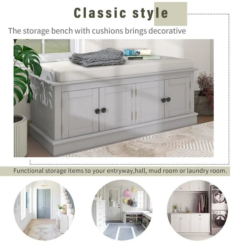 Banc de rangement 4 portes avec étagères réglables et coussin amovible – 42,7 long. x 15,9 larg. x 17,4 haut.