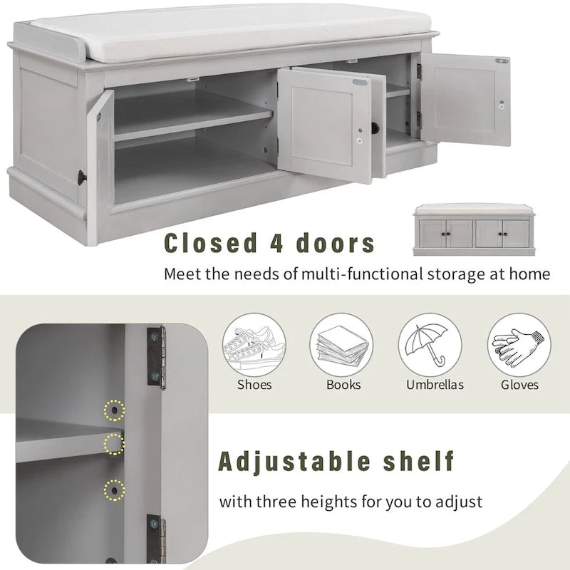 Banc de rangement 4 portes avec étagères réglables et coussin amovible – 42,7 long. x 15,9 larg. x 17,4 haut.