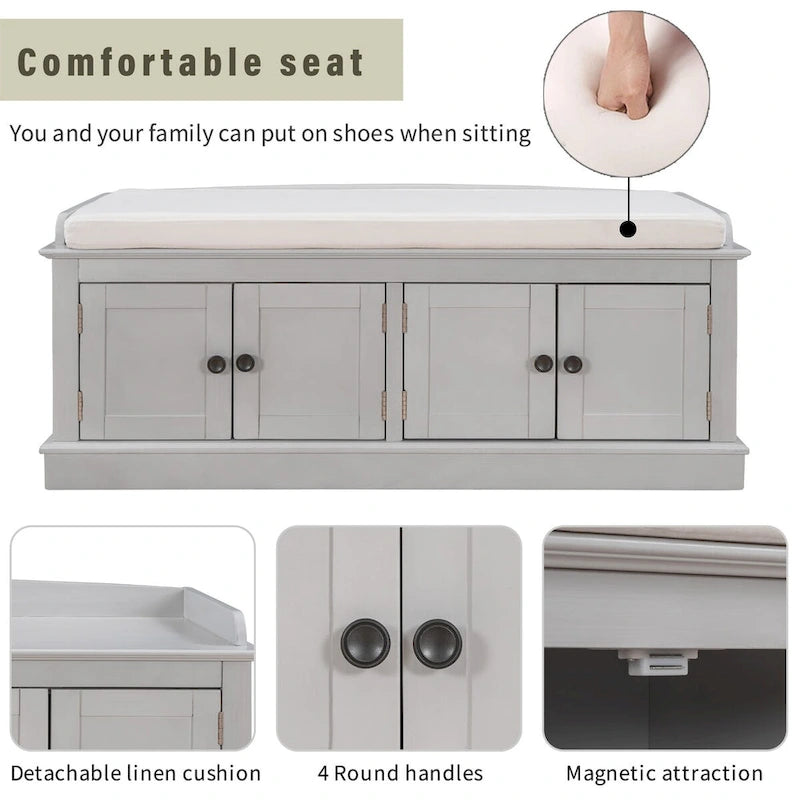 Banc de rangement 4 portes avec étagères réglables et coussin amovible – 42,7 long. x 15,9 larg. x 17,4 haut.