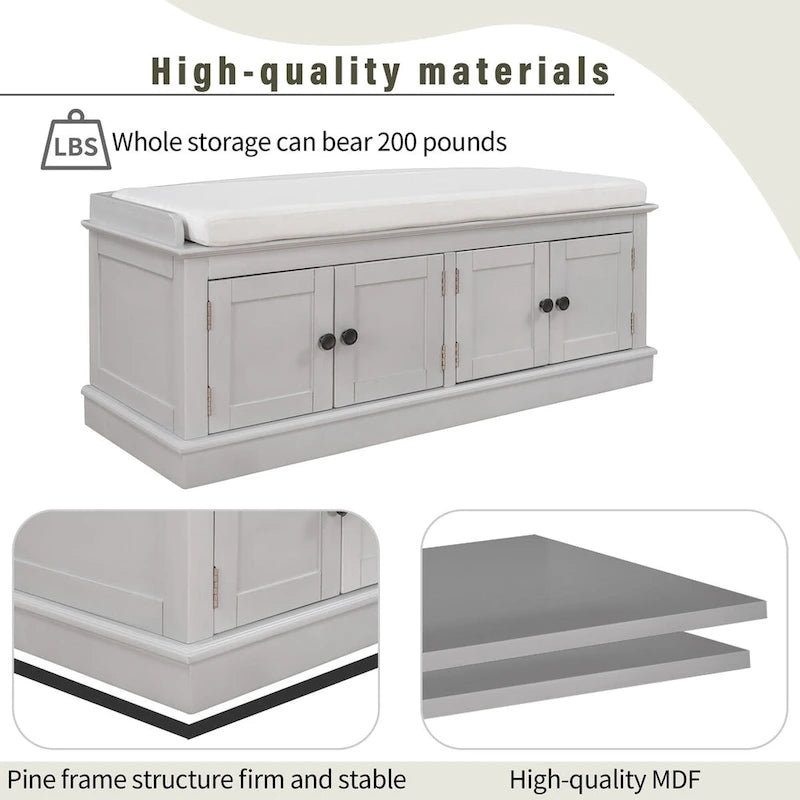 Banc de rangement 4 portes avec étagères réglables et coussin amovible – 42,7 long. x 15,9 larg. x 17,4 haut.