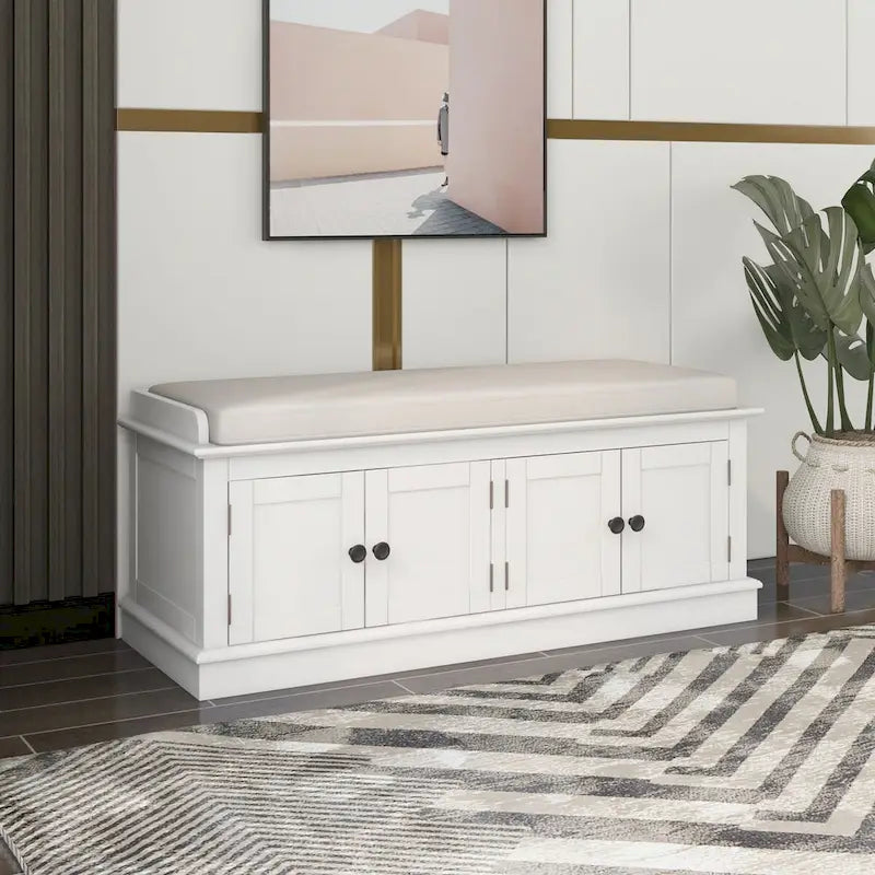 Banc de rangement 4 portes avec étagères réglables et coussin amovible – 42,7 long. x 15,9 larg. x 17,4 haut.