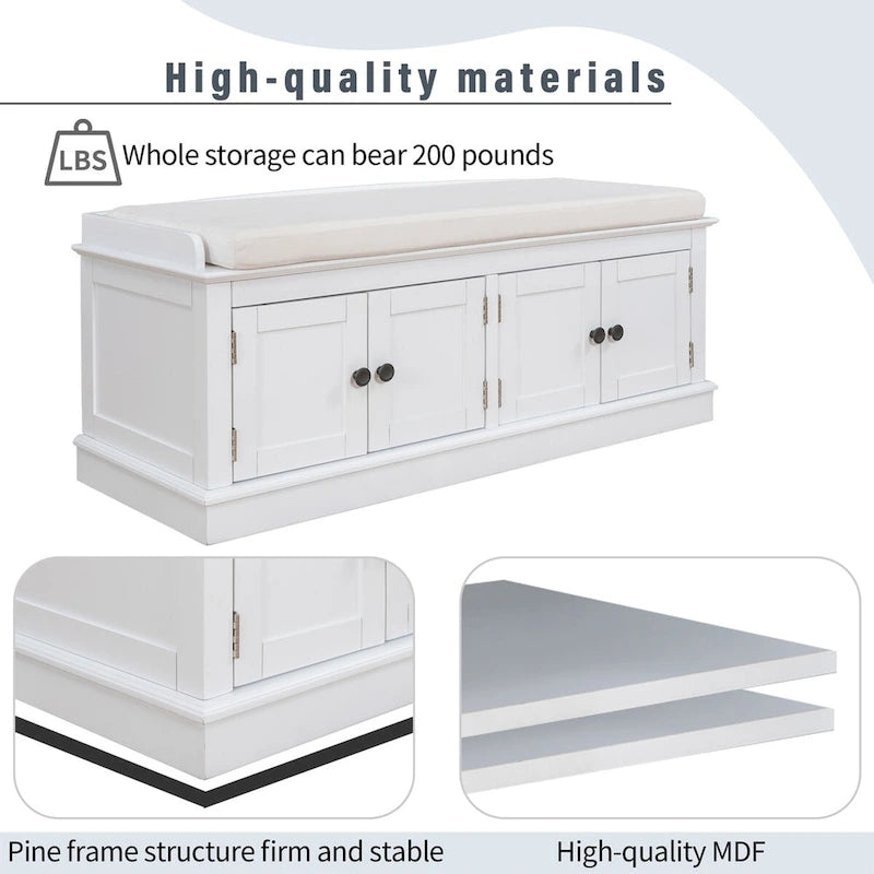 Banc de rangement 4 portes avec étagères réglables et coussin amovible – 42,7 long. x 15,9 larg. x 17,4 haut.