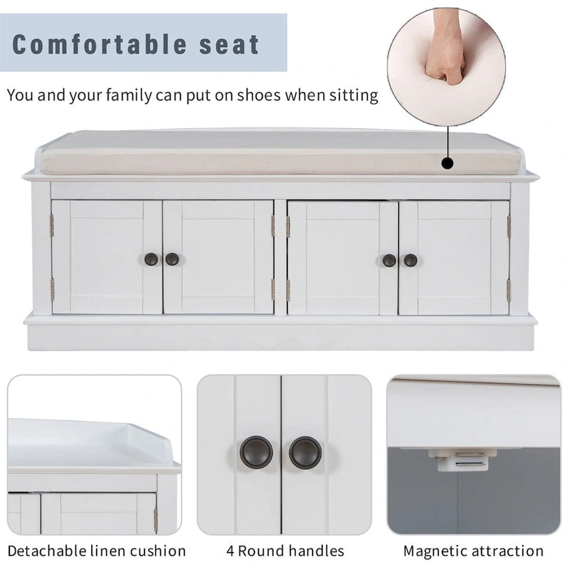 Banc de rangement 4 portes avec étagères réglables et coussin amovible – 42,7 long. x 15,9 larg. x 17,4 haut.