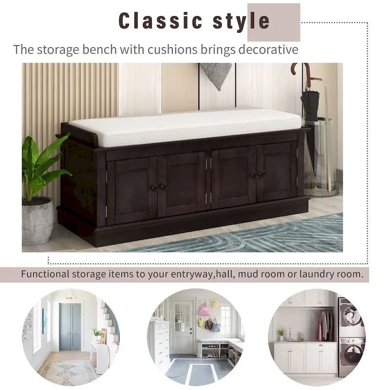 Banc de rangement 4 portes avec étagères réglables et coussin amovible – 42,7 long. x 15,9 larg. x 17,4 haut.
