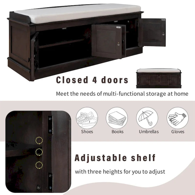 Banc de rangement 4 portes avec étagères réglables et coussin amovible – 42,7 long. x 15,9 larg. x 17,4 haut.