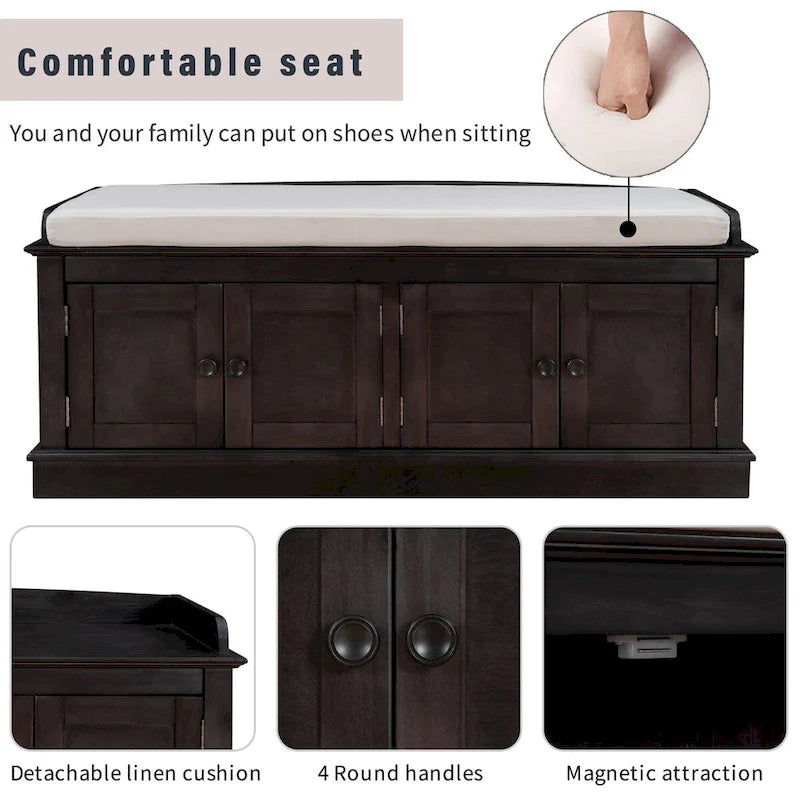 Banc de rangement 4 portes avec étagères réglables et coussin amovible – 42,7 long. x 15,9 larg. x 17,4 haut.