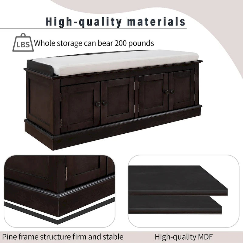 Banc de rangement 4 portes avec étagères réglables et coussin amovible – 42,7 long. x 15,9 larg. x 17,4 haut.
