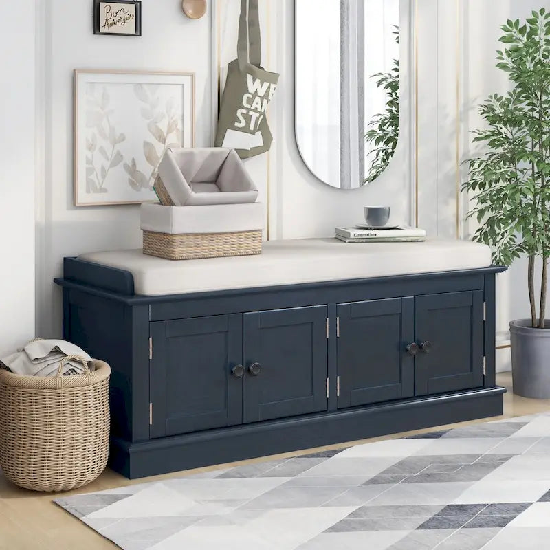Banc de rangement 4 portes avec étagères réglables et coussin amovible – 42,7 long. x 15,9 larg. x 17,4 haut.