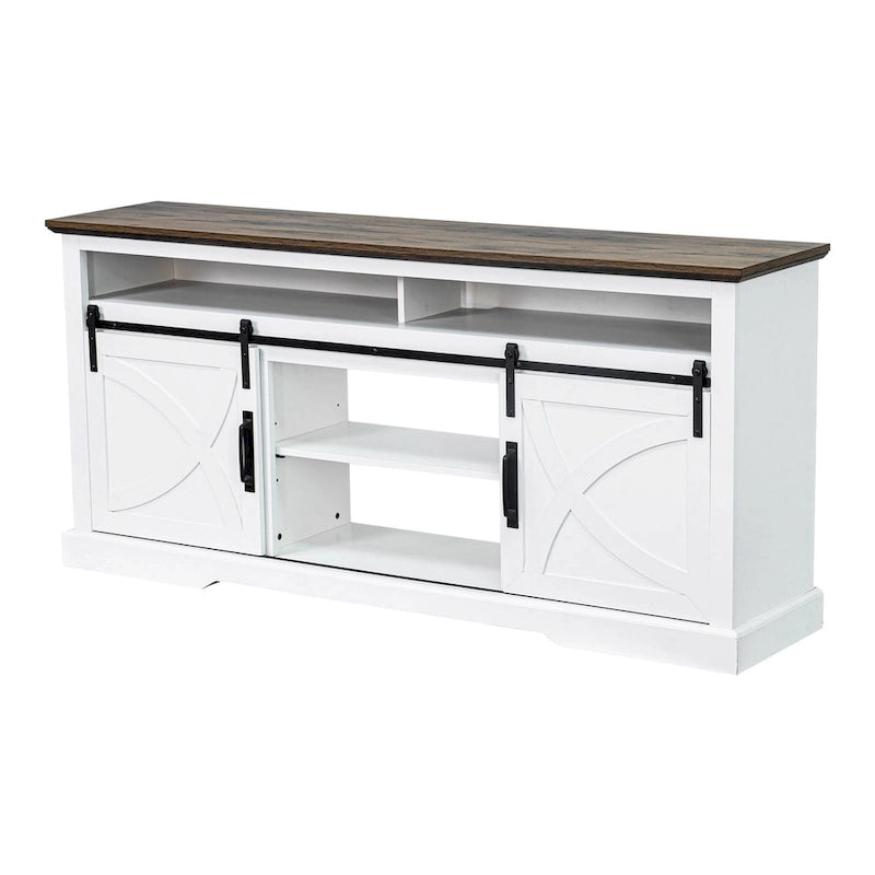 Meuble TV blanc rustique avec porte coulissante en forme de grange pour téléviseurs de 80 pouces