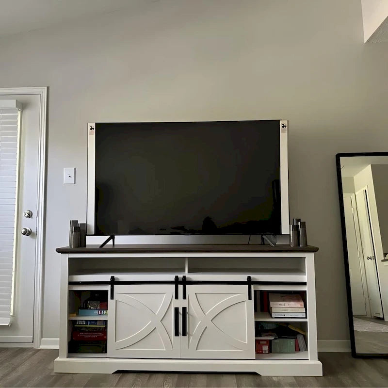Meuble TV blanc rustique avec porte coulissante en forme de grange pour téléviseurs de 80 pouces