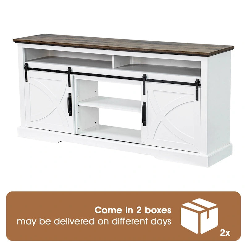 Meuble TV blanc rustique avec porte coulissante en forme de grange pour téléviseurs de 80 pouces
