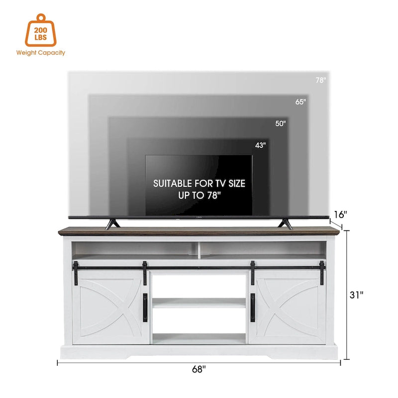 Meuble TV blanc rustique avec porte coulissante en forme de grange pour téléviseurs de 80 pouces