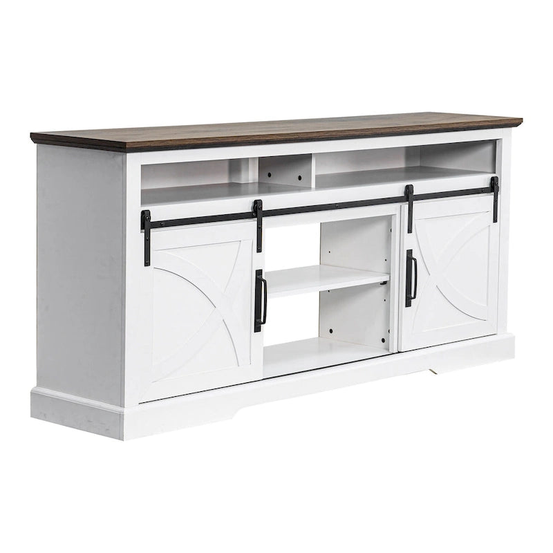Meuble TV blanc rustique avec porte coulissante en forme de grange pour téléviseurs de 80 pouces