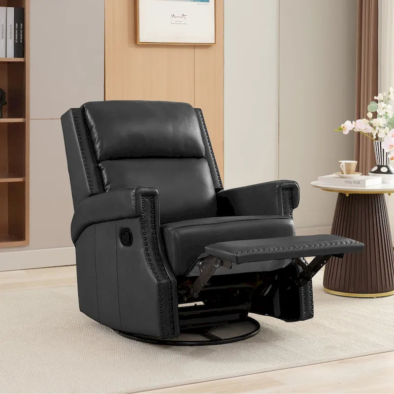 Fauteuil inclinable à bascule manuel en cuir véritable avec base pivotante métallique à 360 degrés