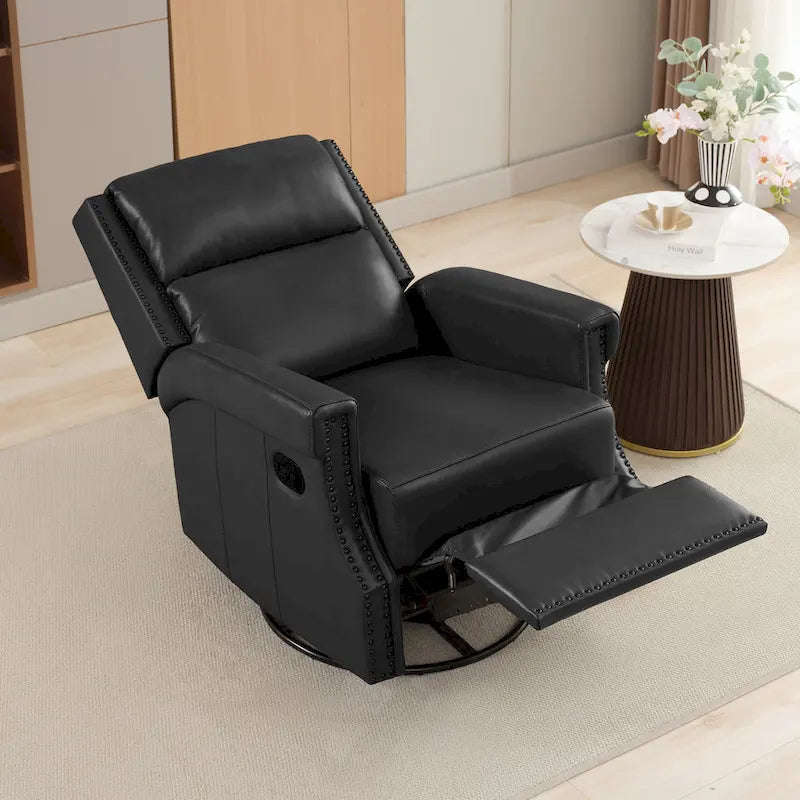Fauteuil inclinable à bascule manuel en cuir véritable avec base pivotante métallique à 360 degrés