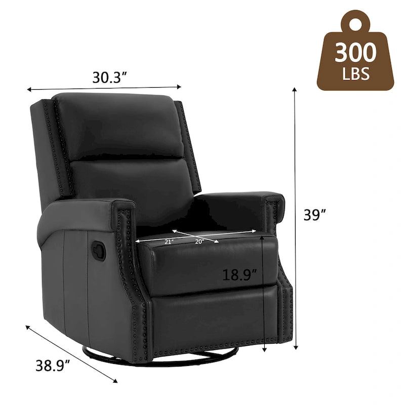 Fauteuil inclinable à bascule manuel en cuir véritable avec base pivotante métallique à 360 degrés