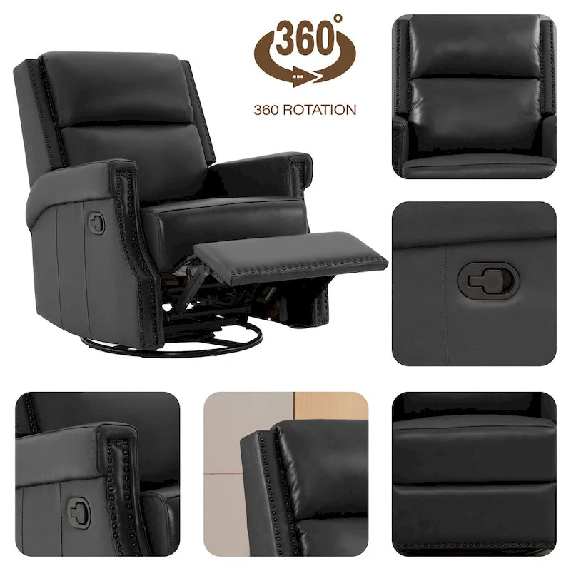 Fauteuil inclinable à bascule manuel en cuir véritable avec base pivotante métallique à 360 degrés