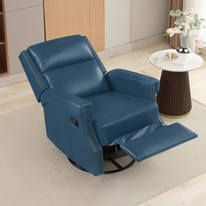 Fauteuil inclinable à bascule manuel en cuir véritable avec base pivotante métallique à 360 degrés