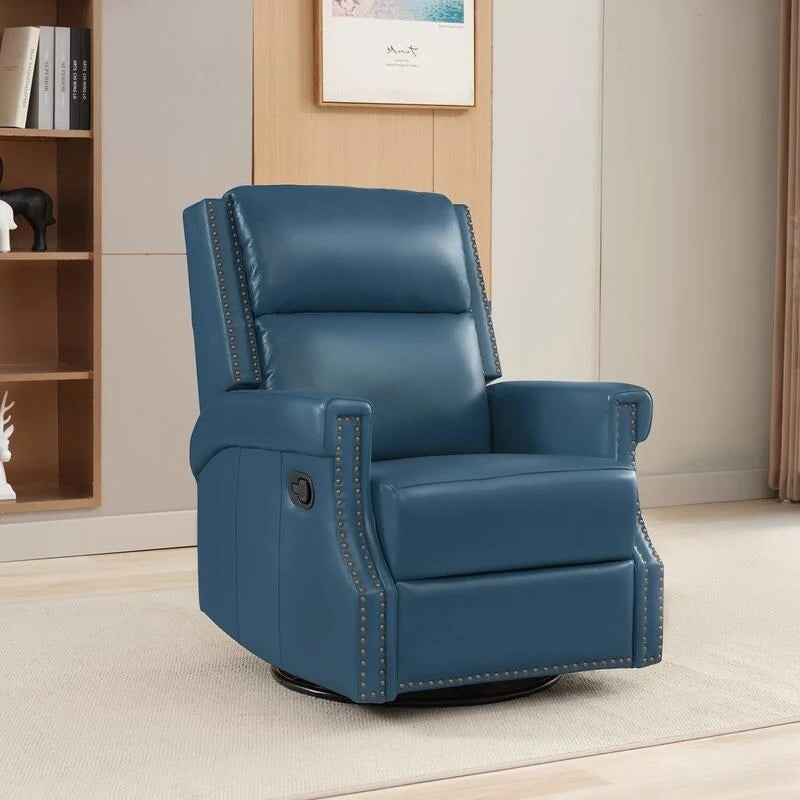 Fauteuil inclinable à bascule manuel en cuir véritable avec base pivotante métallique à 360 degrés