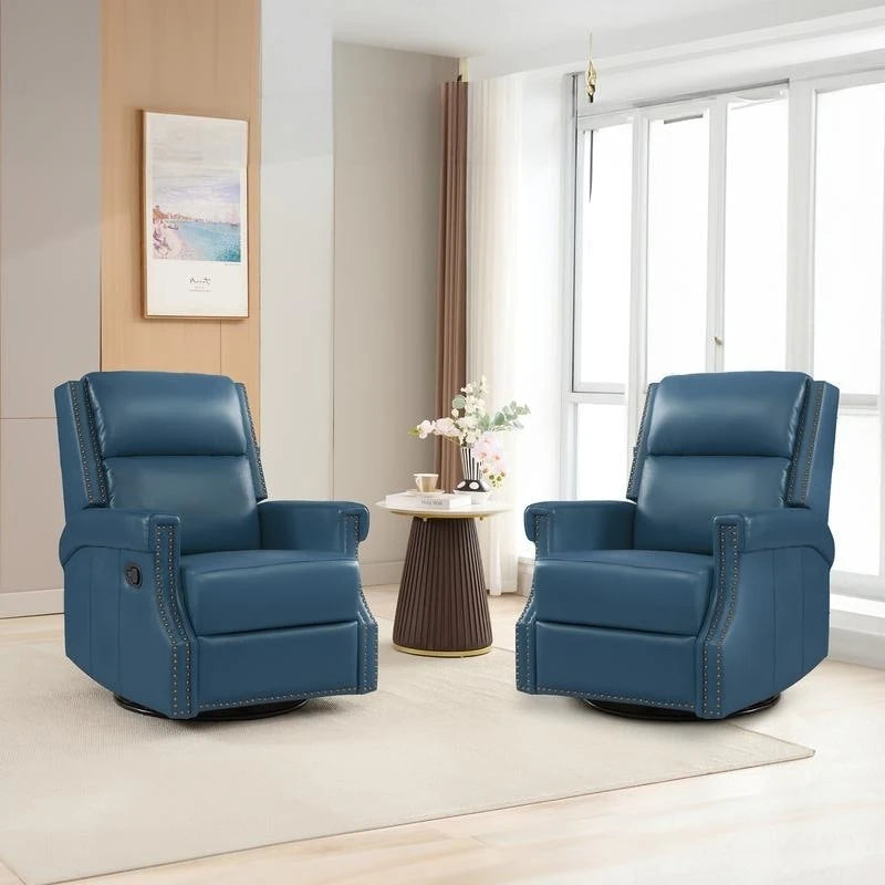 Fauteuil inclinable à bascule manuel en cuir véritable avec base pivotante métallique à 360 degrés