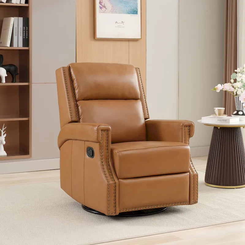 Fauteuil inclinable à bascule manuel en cuir véritable avec base pivotante métallique à 360 degrés