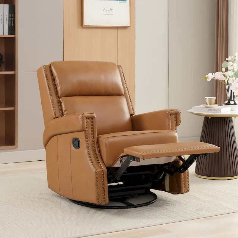 Fauteuil inclinable à bascule manuel en cuir véritable avec base pivotante métallique à 360 degrés