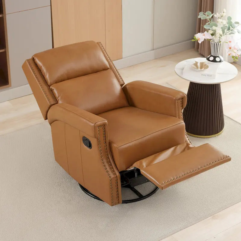 Fauteuil inclinable à bascule manuel en cuir véritable avec base pivotante métallique à 360 degrés