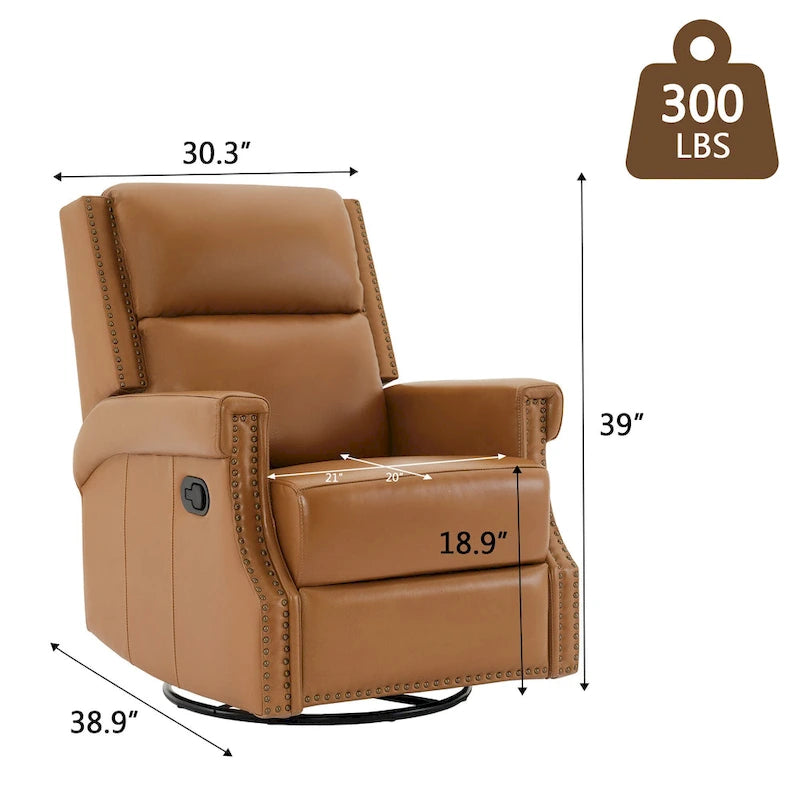 Fauteuil inclinable à bascule manuel en cuir véritable avec base pivotante métallique à 360 degrés