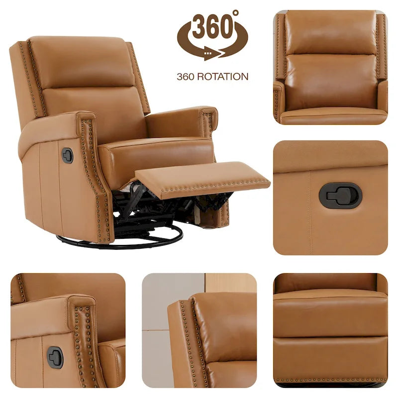 Fauteuil inclinable à bascule manuel en cuir véritable avec base pivotante métallique à 360 degrés