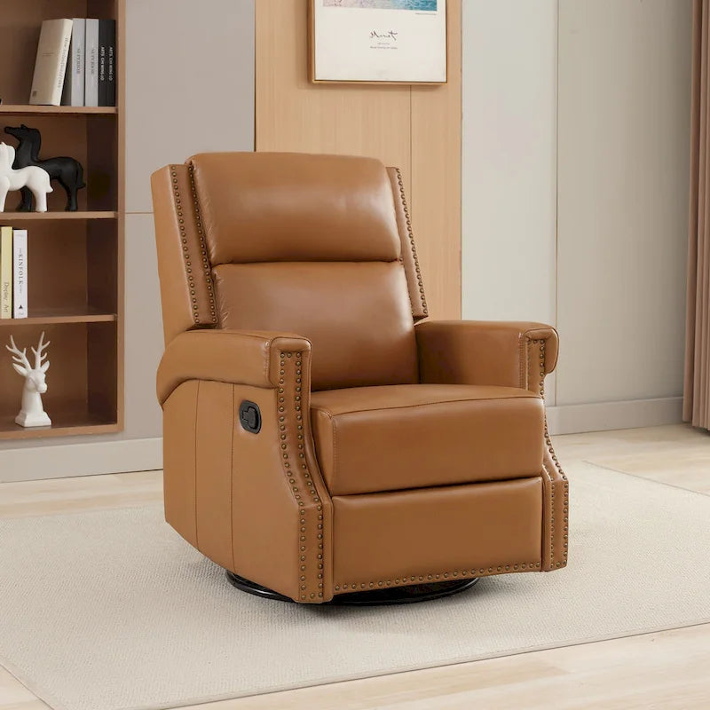 Fauteuil inclinable à bascule manuel en cuir véritable avec base pivotante métallique à 360 degrés