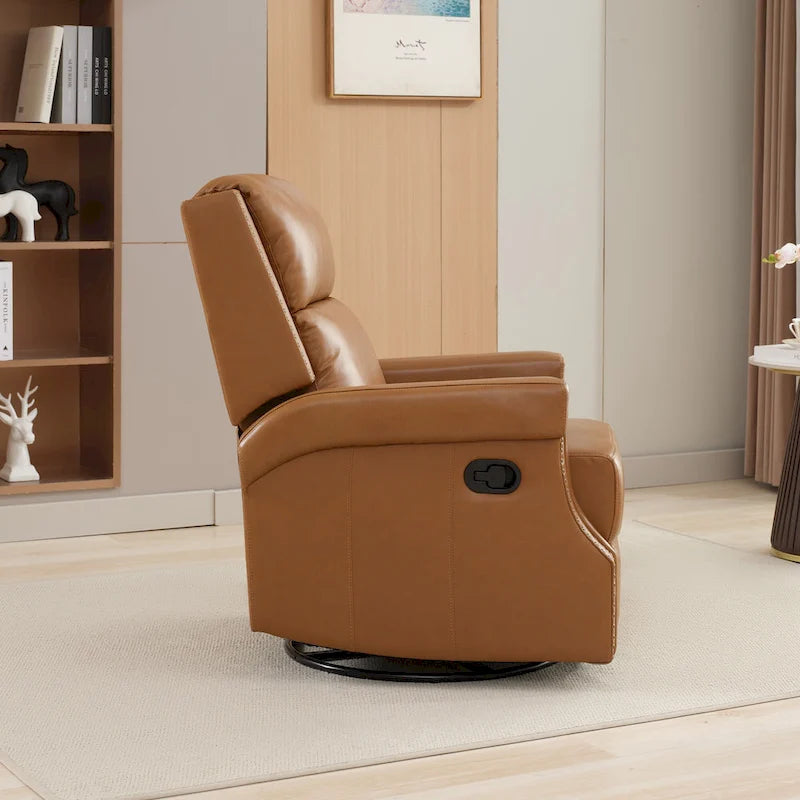 Fauteuil inclinable à bascule manuel en cuir véritable avec base pivotante métallique à 360 degrés