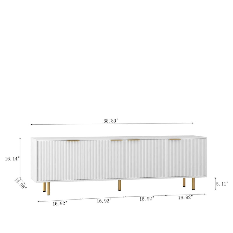 Meuble TV blanc cannelé 68 avec prise de courant, meuble TV avec portes de rangement, meuble média console TV, pour TV de 55+ pouces